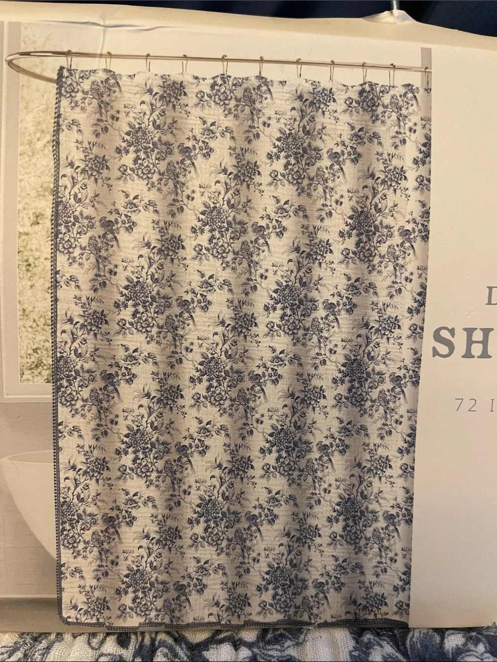 Dreamy Cotton Gauze Shower Curtain - White with Blue Floral & Bird Motif